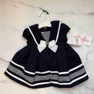 Bonnie Baby Navy and White Sailor Bow Dress - Size 0-3 Months